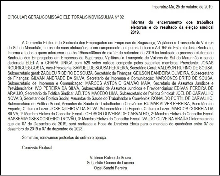 Publicao de Circular SINDVIGSULMA 02-2019